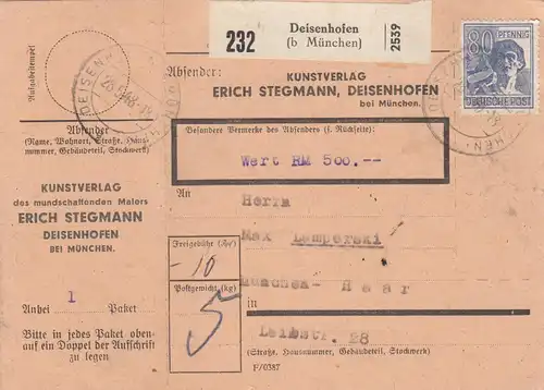 Paketkarte 1948: Deisenhofen nach Haar, Selbstbucher, Wertkarte