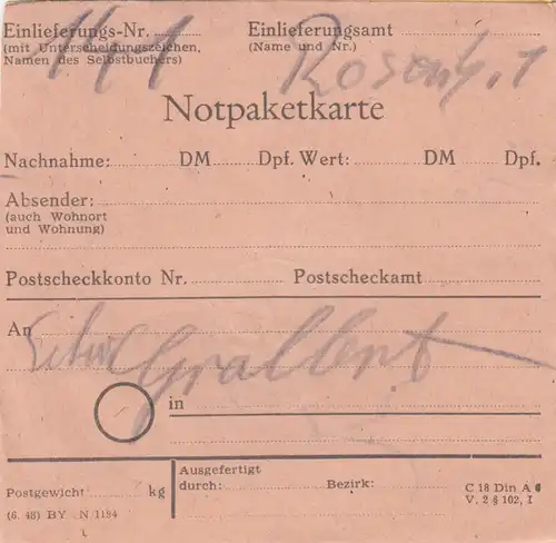 BiZone Paketkarte 1948: Thalkirchen nach Grünwald, mit Notpaketkarte