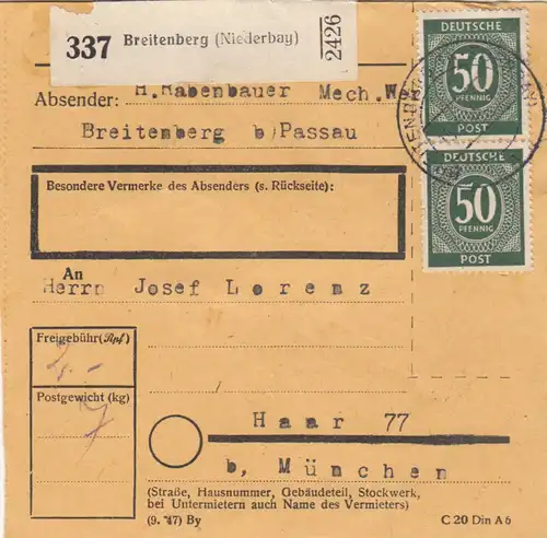 Paketkarte 1948: Breitenberg b. Passau nach Haar 77