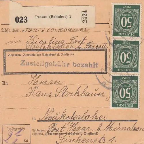 Paketkarte 1947: Kiesling Straßkirchen nach Keferloh