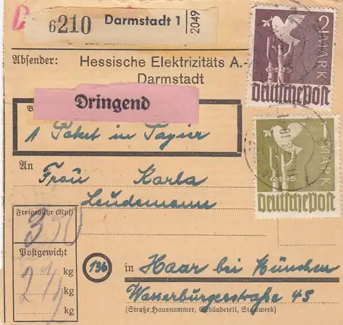 Paketkarte 1948: Darmstadt nach Haar, Dringend, Selbstbucher