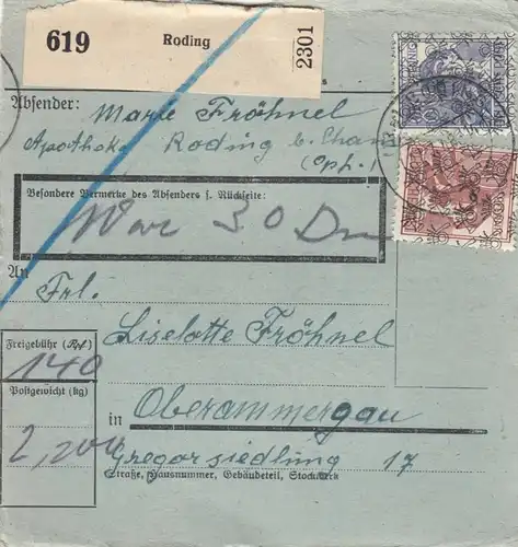 BiZone Paketkarte 1948: Roding nach Oberammergau, Wertkarte, besonderes Formular