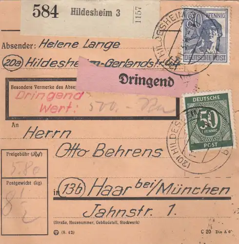 Paketkarte 1948: Hildesheim nach Haar, Dringend, Wertkarte