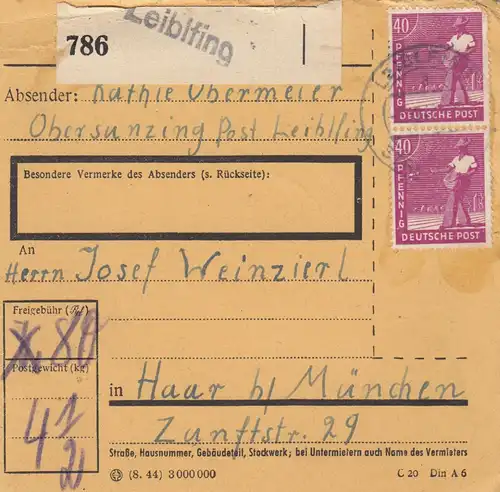 Paketkarte 1947: Obersunzing Leiblfing nach Haar