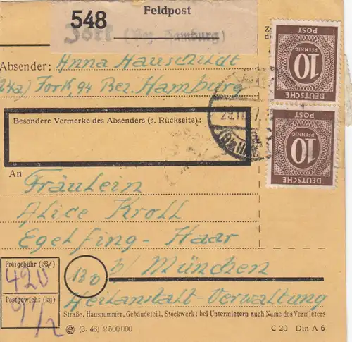 Paketkarte 1947: Hamburg, Feldpost, nach Eglfing Haar