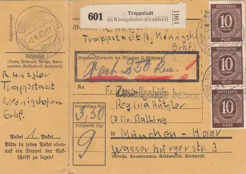 Paketkarte 1948: Trappstadt n. München, Wertkarte, mit Notpaketkarte