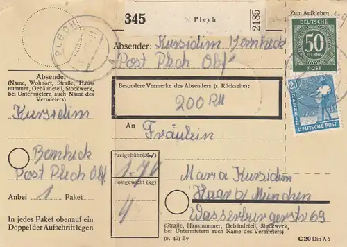 Paketkarte 1948: Plech nach Haar, Wertkarte, mit Notpaketkarte