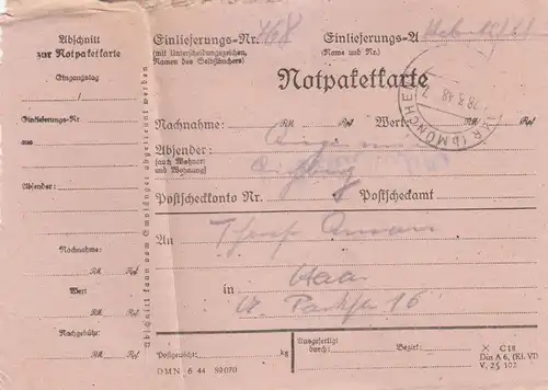 Carte de paquet 1948: Herbertsfelden par cheveux, avec carte de colis d'urgence