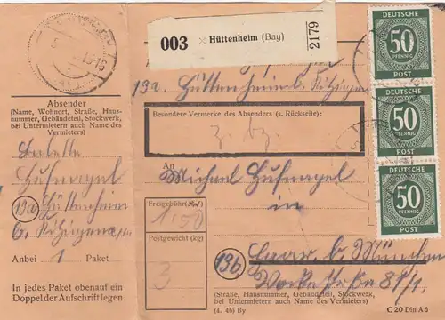 Paketkarte 1948: Hüttenheim nach Haar, mit Notpaketkarte