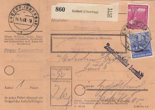 Paketkarte 1948: Endorf nach Eglfing, mit Notpaketkarte