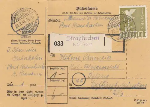 Paketkarte 1948: Haberkofen Strasskirchen nach Eglfing