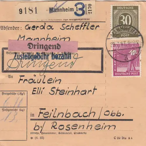 Paketkarte 1947: Mannheim nach Feilnbach, Dringend