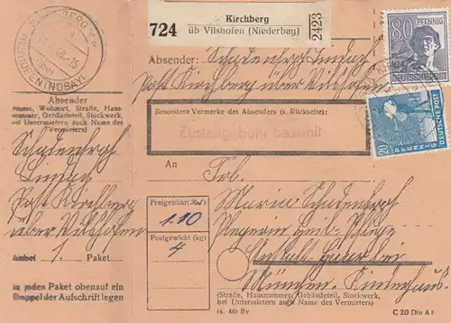 Paketkarte 1948: Riegelsberg Kirchberg n. Haar, mit Notpaketkarte