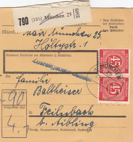 Paketkarte 1947: München nach Feilnbach b. Aibling