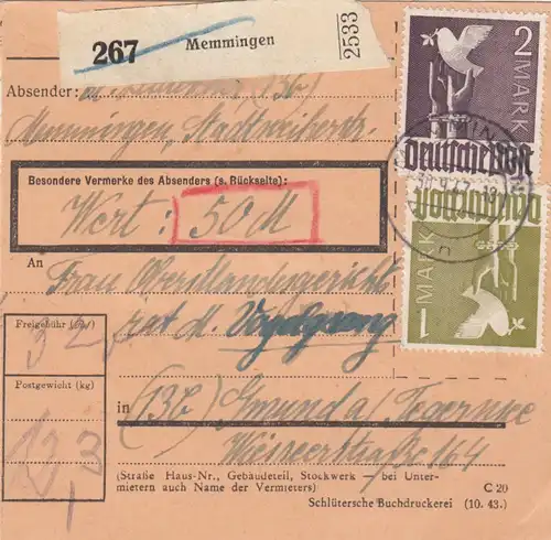 Paketkarte 1947: Memmingen nach Gmund am Tegernsee, Wertkarte