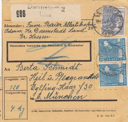 Paketkarte 1947: Darmstadt Land nach Eglfing Haar, Anstalt