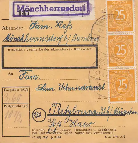 Paketkarte 1948: Mönchherrnsdorf nachPutzbrunn