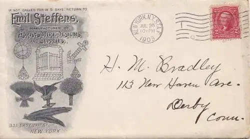 1903 Florists Wire Designs New York to Derby Conn. incl. bill and response cover