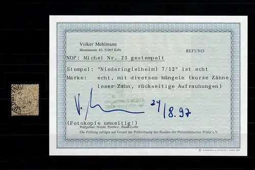 NDP: MiNr. 23, gestempelt Niederingelheim, BPP Befund