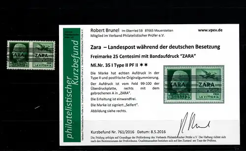 Zara: MiNr. 35 I, Type II, Plattenfehler II, **, postfrisch