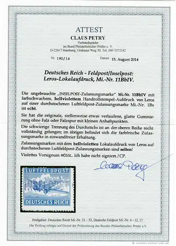 Feldpost/Inselpost MiNr. 11 BbIV, orig. Gummi, kl. Anhaftpunkte, BPP Attest */**