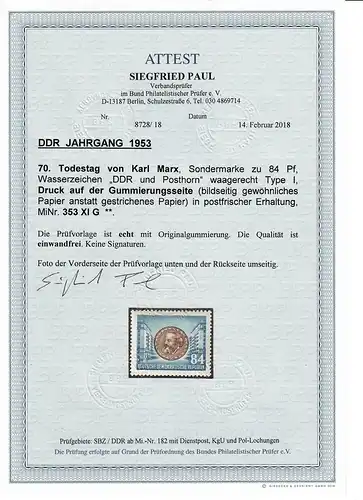 DDR: MiNr. 353 XI G, postfrisch, **, Druck auf Gummiseite, BPP Attest