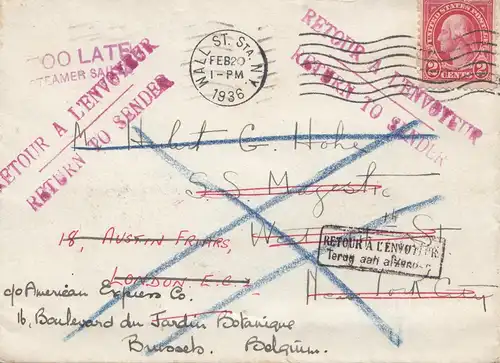 États-Unis 1936: Mall St. Station, N.Y. to Burssels/Belgium, Return to Sender,