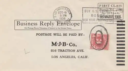 États-Unis d'Amérique 1936: Los Angeles, Business Reply Envelope, First Class