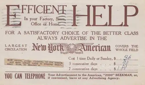 USA 1911: post card advertise in New York American