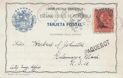 Venezuela 1903 post card La Guaira a Caracas - Paquebot - to Kalamazoo, Mich