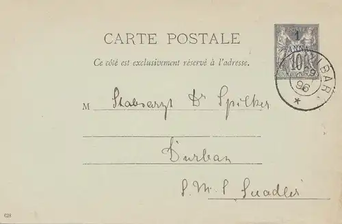 Zanzibar 1896: post card to Durban