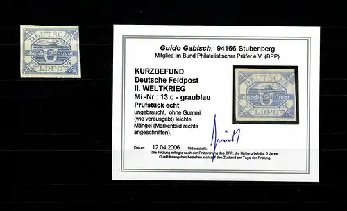 Feldpost MiNr. 13 c, ohne Gummi, BPP Befund