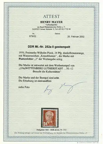 DDR MiNr. 252a II, cacheté Wittenberg avec erreur de plaque, BPP Attest