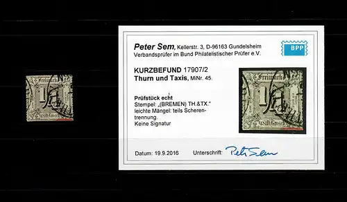 Thurn & Taxis MiNr. 45, Stempel Bremen, BPP Befund