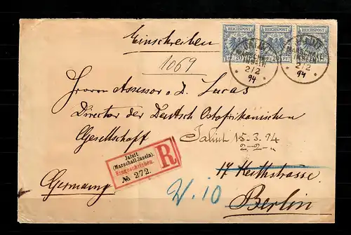 Marschall-Inseln 1890/1900 waagr. 3er Streifen, R-Brief Jaluit nach Berlin