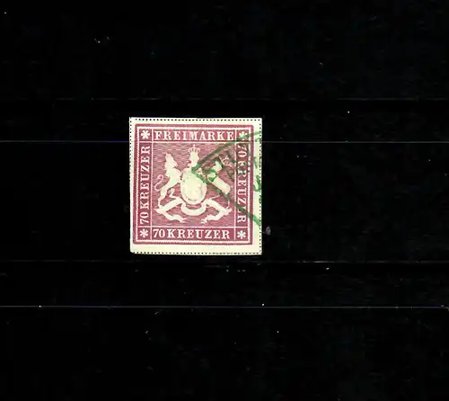 Württemberg MiNr. 42 b, Bogenfeld 4, grüner Fächerstempel Stuttgart, BPP Attest