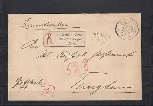 Dt. Post en Chine 1901 R-Courrier avec 8 télégrammes de terrain vapeur Palatia rare