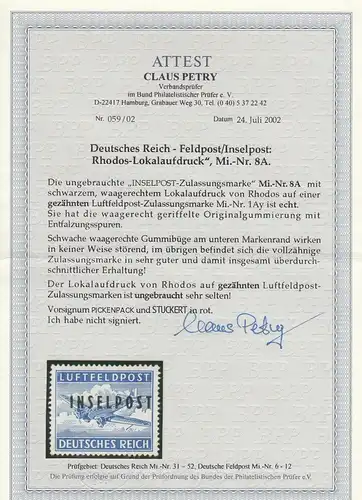 Feldpost MiNr. 8A, *, ungebraucht, Rhodos, BPP Attest