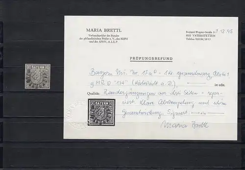 MiNr. 1 Ia, Platte 1, gestempelt Nr. 134 (Höchstädt a. D.) , BPP Befund