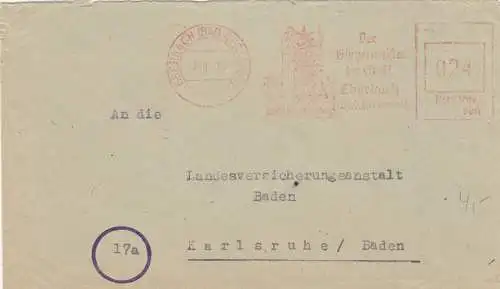 Freistempel 1946: Eberbach Bad Neckartal nach Karlsruhe