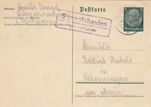 Ganzsache Dingolshausen über Gerolzhofen 1940 nach Schonungen/Main