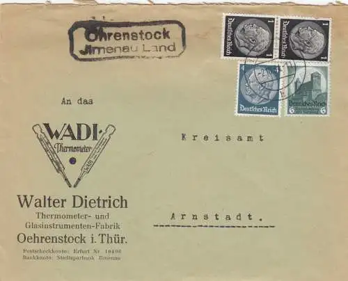 Lettre d'Ohenstock sur Ilmenau Land, Thermometer WADI vers Arnstadt 1934