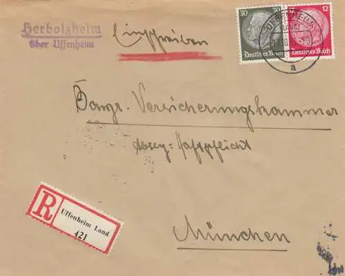 Einschreiben Herbolzheim über Uffenheim nach München 1933