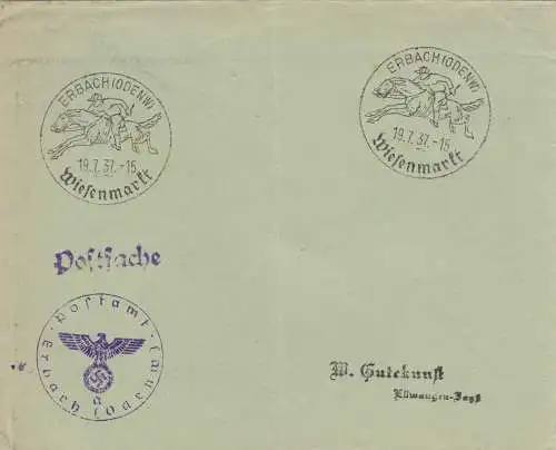 Blanko Kuvert 1937: Wiesenmarkt Erbach / Odenwald, Cavalier, Jockey, Cheval