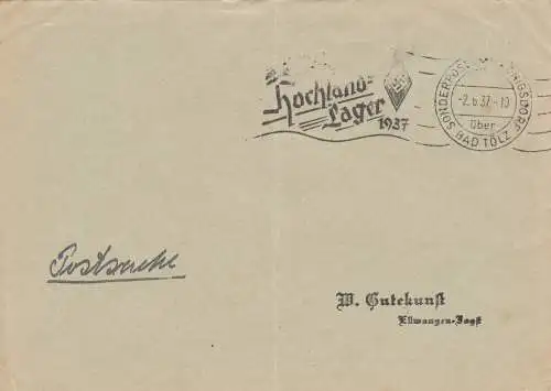 Affaire postale Kuvert 1937: Bureau de poste spécial Königsdorf sur Bad Tölz, Highland Lager HJ