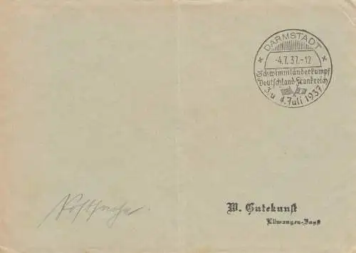 Affaire postale Kuvert 1937: Darmstadt: lutte nationale nage Allemagne-France