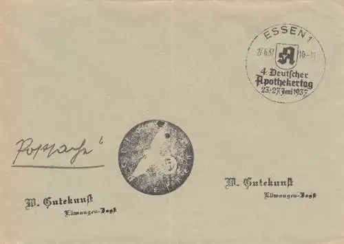 Postsache Kuvert 1937: Essen: 4. Deutscher Apothekertag