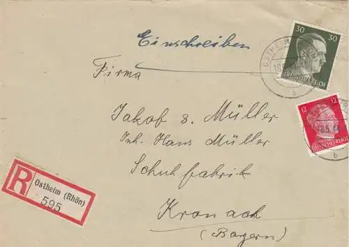 Lettre recommandé Ostheim/Rhön à l'usine de chaussures 1944 à Kronach