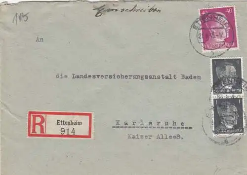 Einschreiben Altdorf bei Ettenheim 1943 nach Karlsruhe