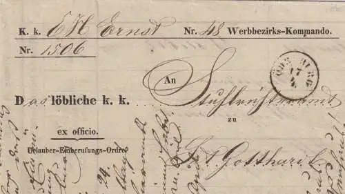 Brief 1856 Werbbezirks-Kommando, Körmer, Gotthard